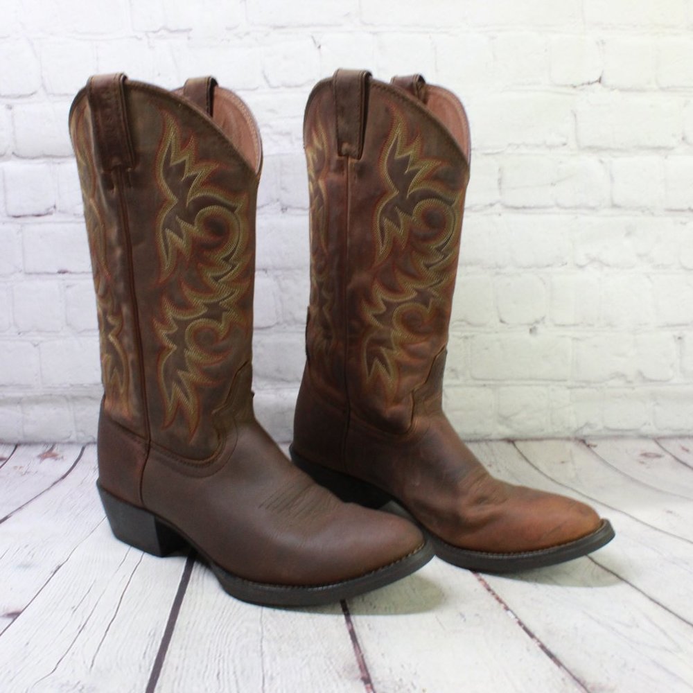 Justin Brown Leather Pointed Toe Slip on Western Cowboy Boots Size 9 D - Picture 3 of 9